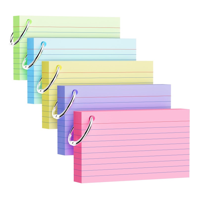 AILZFEI 250 Count Index Cards 3x5 Inch with Key Ring, 180gsm Heavy Weight Colored Flash Cards 5 Color Assortment (50 Sheets Each), Note Taking for Students, Teachers, Study Note Cards for Office Home School - Image 1